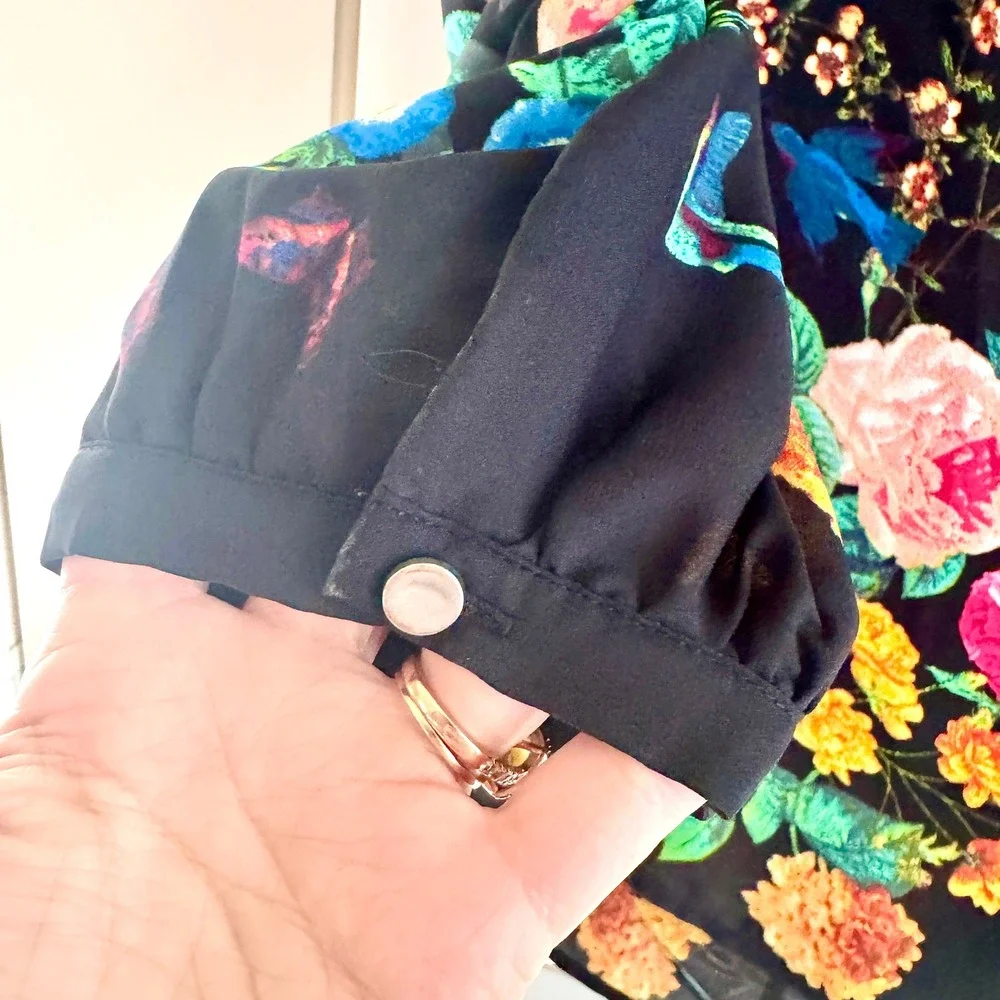 Meraki Floral Butterfly Birds Draped Open Back Blouse Black Large Cottage Whimsy